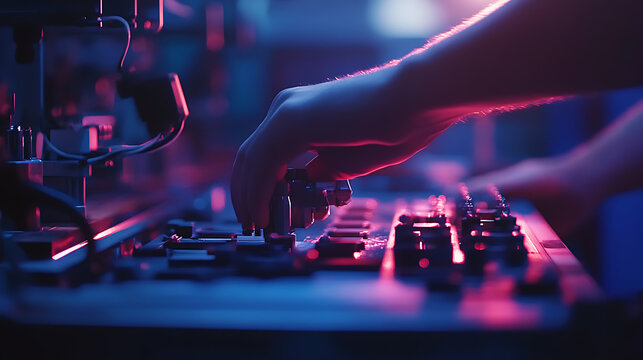 Hand Adjusting Controls on Audio Mixer