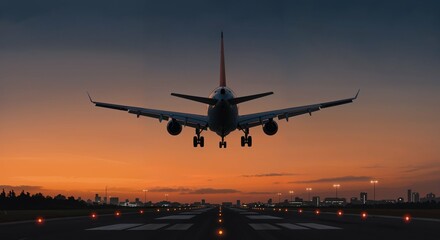 Airplane landing at sunset against a city skyline  