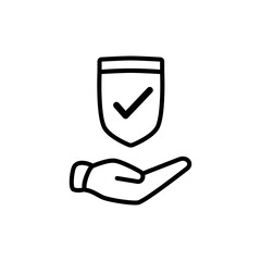 hand icon holding protective shield with check mark, person working on laptop, simple flat style, illustration, logo sign symbol pictogram template, for ui or ux isolated on white for mobile app