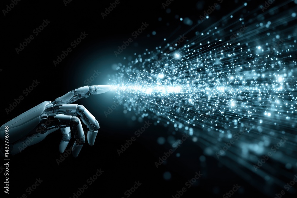 Poster robotic hand reaching toward glowing data stream in a dark space showcasing technological advancemen