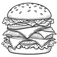 Cheeseburger minimalist black and white silhouette drawing vector illustration