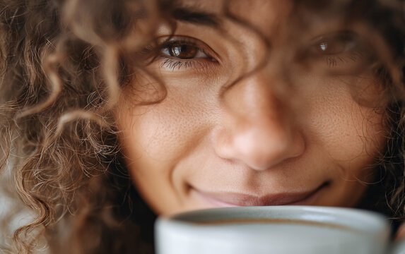 young woman holding cup close to face enjoying warm drink with closed eyes cozy relaxed peaceful casual portrait natural light brunette lifestyle morning indoors
