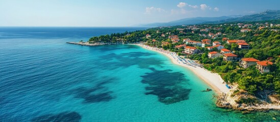 Fototapeta premium Coastal Town Aerial Turquoise Beach, Summer Vacation
