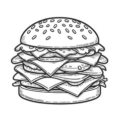 Cheeseburger minimalist black and white silhouette drawing vector illustration