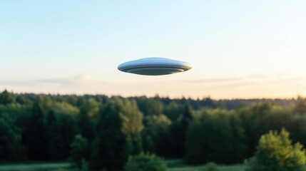 A futuristic UFO hovering above a dense green forest, serene landscape with clear sky, and mysterious and otherworldly concept.