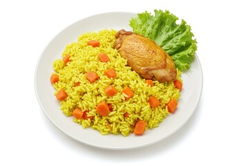 Chicken and rice dish with carrots plate isolated on white background