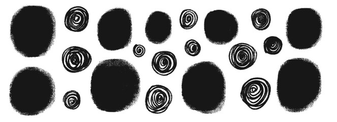 Scribble charcoal circle set. Polka dots aerosol spray shapes pack. Vector black hand drawn round figures collection illustration isolated on white background.