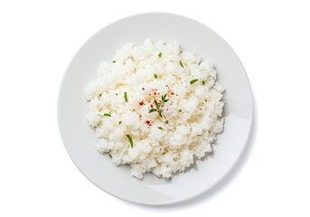 White rice on plate with herbs and spices isolated on white background
