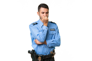 Young police caucasian man over isolated background having doubts