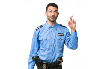 Young police caucasian man over isolated background with fingers crossing and wishing the best