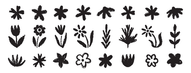 Grunge trendy doodle flowers leaves set. Hand drawn brush flowers crayon, chalk texture. Flowers textured collection
