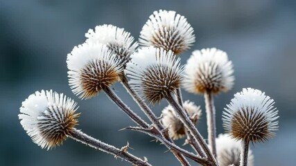 Closeup of frosty thistle seed heads against blurred background, frosty winter plants outdoors, seasonal nature photography - Powered by Adobe