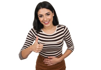 Fototapeta premium Woman giving thumbs up gesture isolated on white background