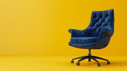 Blue chic velvet armchair on yellow isolated background with copy space. Minimal banner, mockup, template, poster. Comfort that inspires. 
