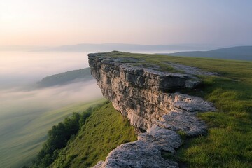 Dramatic cliff edge overlooking a misty valley at dawn. Serene landscape with a sense of adventure.