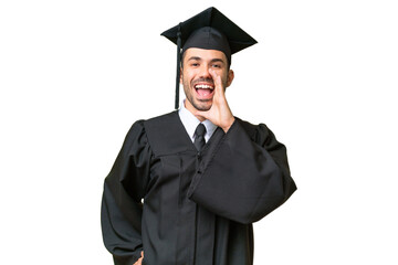 Young university graduate man over isolated background shouting with mouth wide open