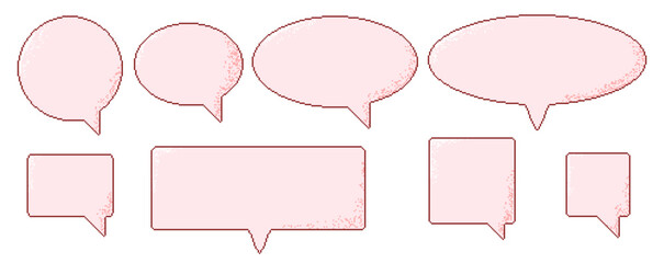 Pixel art speech bubbles. Pink coquette 8 bit text boxes set. Rectangle and round chat frames. Dialogue borders in retro 90s style. Digital callouts message borders. Vector collection illustration.