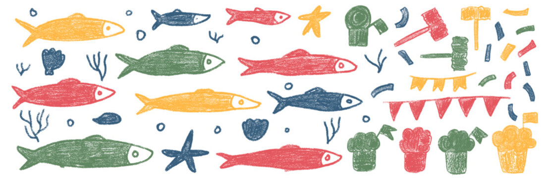 Fishes crayon doodle set. Santos Populares festival. Sardines, hammer, confetti hand drawn scribble. Fish with garlands, manjerico, party elements . Vector naive colorful illustration.