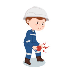 Cartoon industrial engineer having accident and knee injury while working isolated on white background.