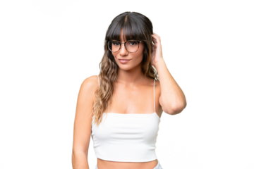 Young caucasian woman over isolated background having doubts