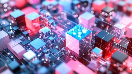 Interconnected blocks glow with pink and blue highlights on a circuit board