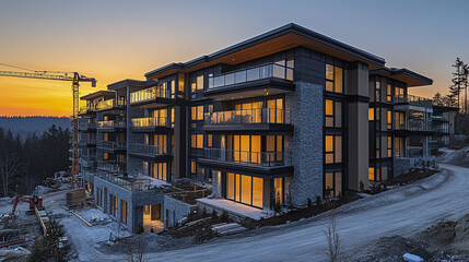 Obraz premium Modern apartment complex under construction with beautiful sunset backdrop