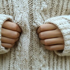 Close-up of hands gripping a beige cable-knit sweater