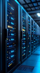 Data center aisle with glowing server racks