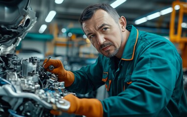 Dedicated Mechanic Inspecting a Powerful Engine