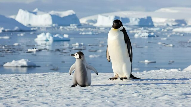 A baby penguin waddling toward its parent, flapping its stubby wings excitedly