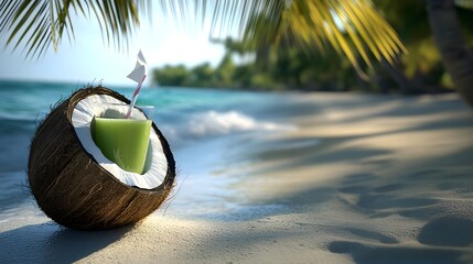 Refreshing Coconut Drink on Beach with Summertime Vibes
