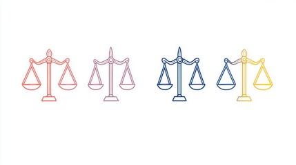 Colorful scales of justice icons; legal concept; white background; website use