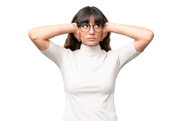 Young caucasian woman over isolated background frustrated and covering ears