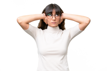 Young caucasian woman over isolated background frustrated and covering ears