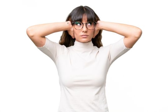 Young caucasian woman over isolated background frustrated and covering ears