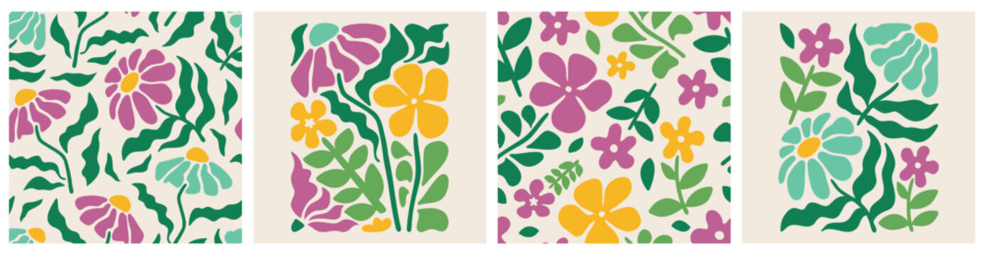 Doodle floral seamless pattern colorful set. Creative trendy flower collage or posters and floral pattern collection. Vintage cartoon hand drawn nature simple spring elements