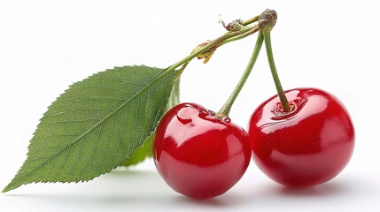 Juicy Red Cherry with Green Leaves Still Attached on White Background