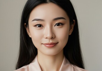 Fototapeta premium The face of a beautiful Asian woman is smiling sweetly with simple make-up radiating her beauty.