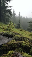 Obraz premium Rainy day in a forest clearing. Moss and foliage cover the ground, obscuring the distant trees.