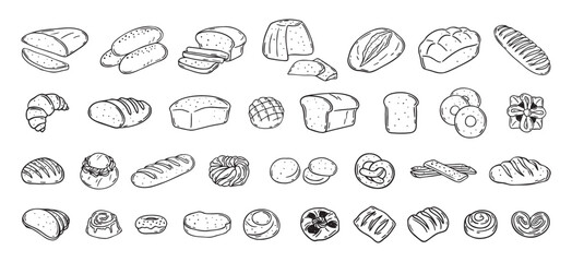 Bread different types hand drawn doodle outline icon set. Bread engraving, line art. Wheat products, baked goods, bakery