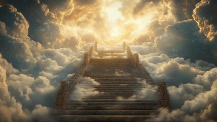 Majestic stone staircase rising through fluffy clouds towards a radiant golden heaven