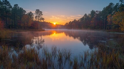 Obraz premium Serene Autumn Sunrise over a Misty Pond