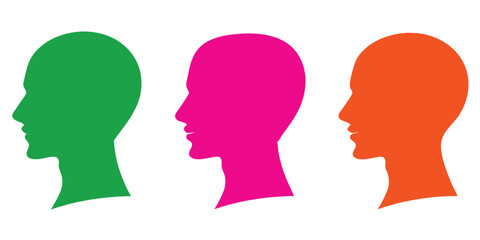 Colorful Vector Silhouette of Three Human Profiles Side View in Green, Pink, and Orange