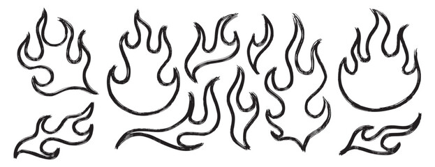 fire icon symbol grunge bush stroke doodle hand drawn set. Flame or fire drawing vector