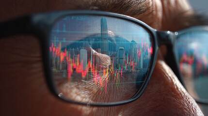 Executive Reflected in Glasses with Hong Kong Skyline and Data