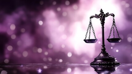 Obraz premium Scales of justice against an ethereal, purple, glittering background