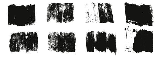 Linocut textures set. Ink roller background. Grunge vintage rectangles. Dry black brayer striped lines isolated on white background. Painted relief stains. Vector lino eroded abstract wide callout.