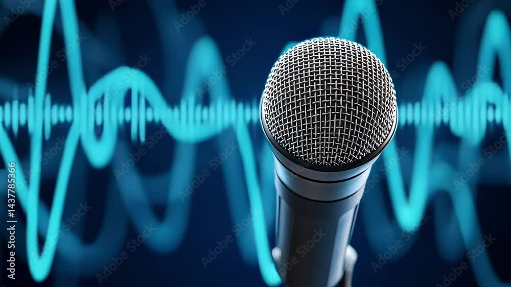 Fototapete professional studio microphone capturing audio content with vibrant digital sound wave visualization