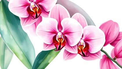 Obraz premium Elegant watercolor of pink phalaenopsis orchids with green leaves, conveying serene tropical beauty and floral grace