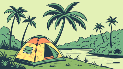 Camping Tent Pitched Under Tropical Palm Trees Near Shoreline © RashedHasan
